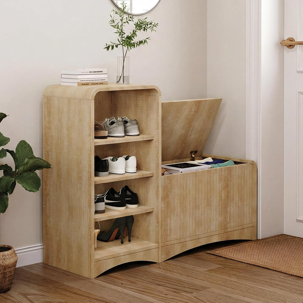L-Shaped Flip-Open Shoe Storage Bench, Natural