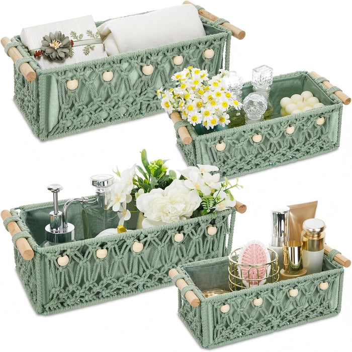 Vesici 4 Pcs Sage Green Macrame Storage Baskets Shelves 13" 11" Wood Handle