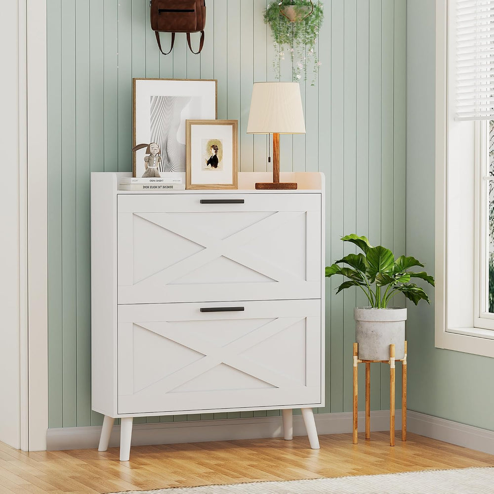 Homleke Farmhouse Shoe Storage Cabinet with Flip Drawers & Barn Door Design