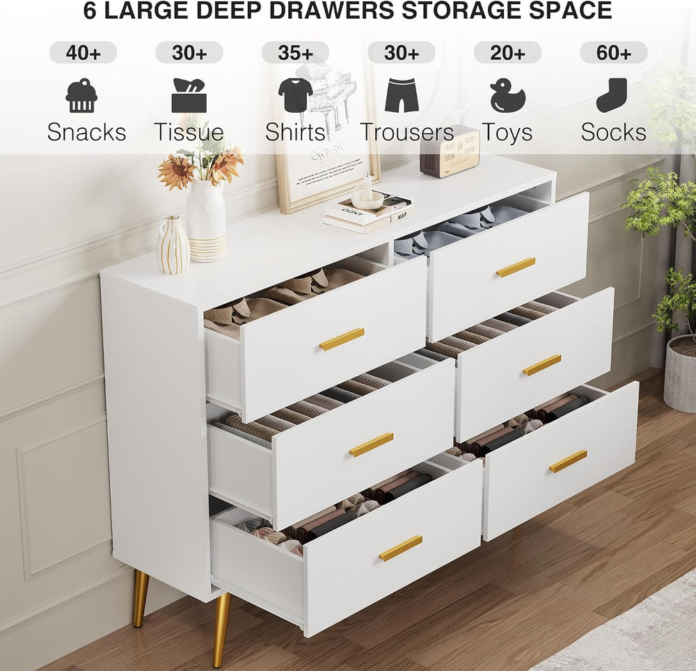 IDEALHOUSE 6 Drawer Dresser, Chest of Drawers with Gold Handles, White