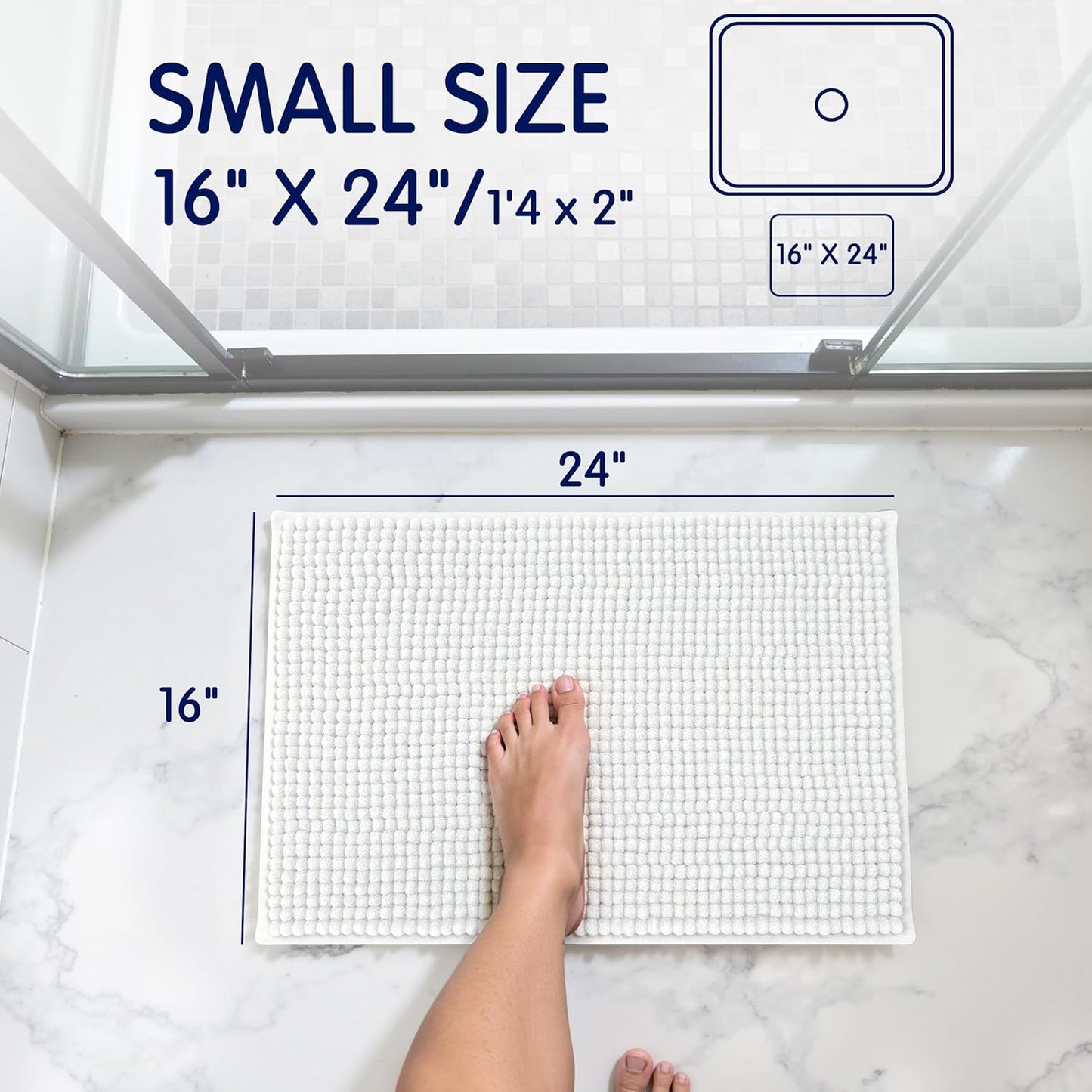 SUBRTEX Bathroom Rugs Chenille Bath Rug Soft Short Plush Bath Mat Soft Shower Mat Water Absorbent Shower Mat Quick Dry Machine Washable(White,18" x 24")