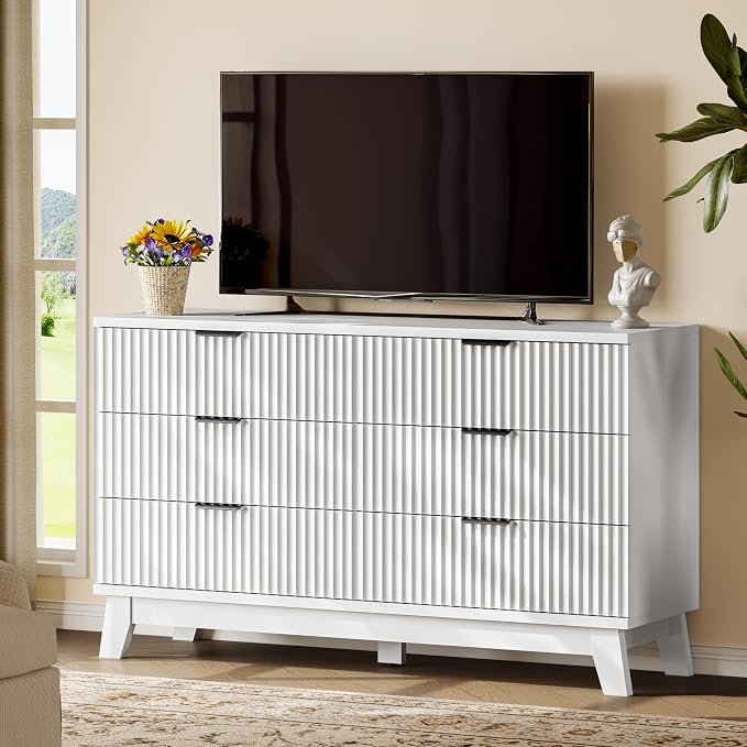 Fluted Dresser with 6 Drawers, Wooden Dresser TV Stand, Wood Closet Clothes - Image 7