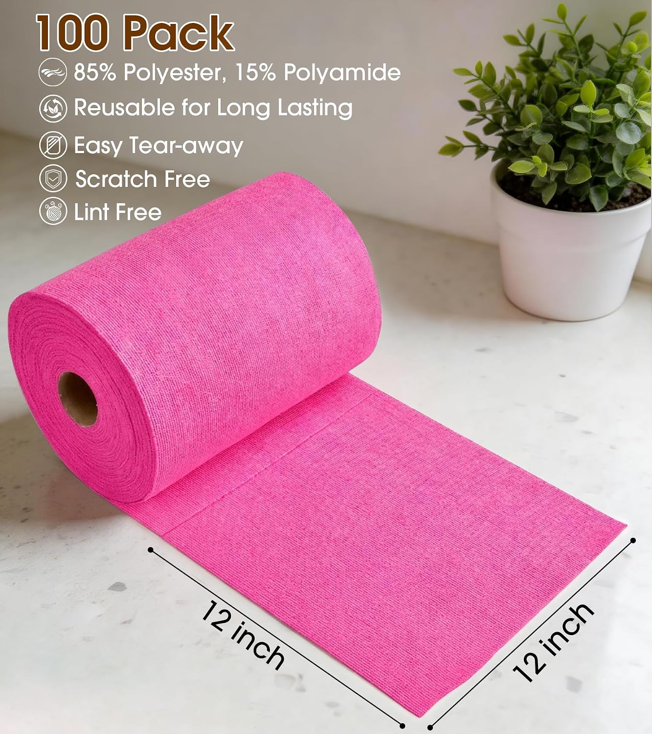 Microfiber Cleaning Cloth Roll, 100 Pack, 12 x 12 Inch Tear Away Reusable Paper Towels, Thick Cleaning Towels, Absorbent Lint Free Washable Rags for Kitchen, Car, Garage and Workshop - Hot Pink
