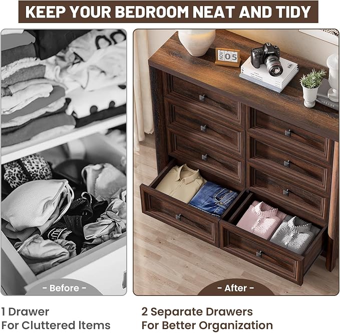 Farmhouse 8 Drawer Dresser for Bedroom, 43.3" Wide Dresser TV Stand, Storage - Image 3