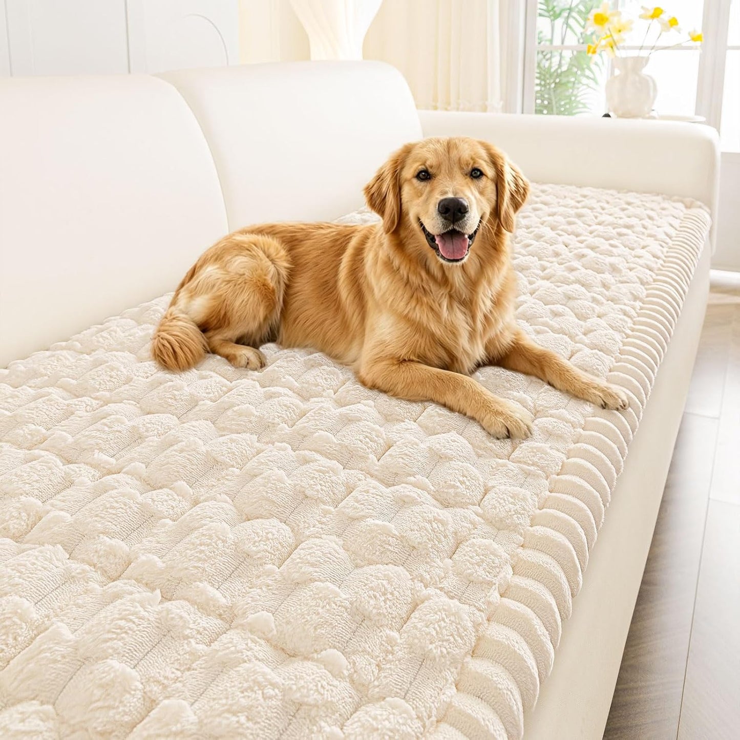 Smiry Non Slip Couch Covers for Dogs, Scratch Resistant Pet Sofa Protector, Machine Washable Soft Fuzzy Thick Furniture Cover for Sofa Loveseat Sectional Large Dogs (Cream, 27.6" x 59")