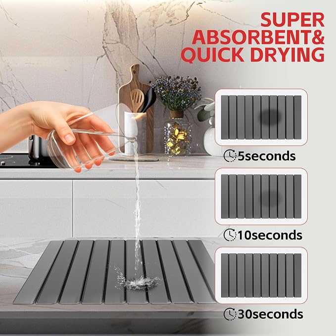 Stone Drying Mat For Kitchen Counter 24"x16" Foldable Super Absorbent Non-Slip - Image 4