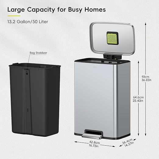 EKO Madison Matte Grey Stainless Steel 50 Liter/13.2 Gallon Step Trash Can - Image 2