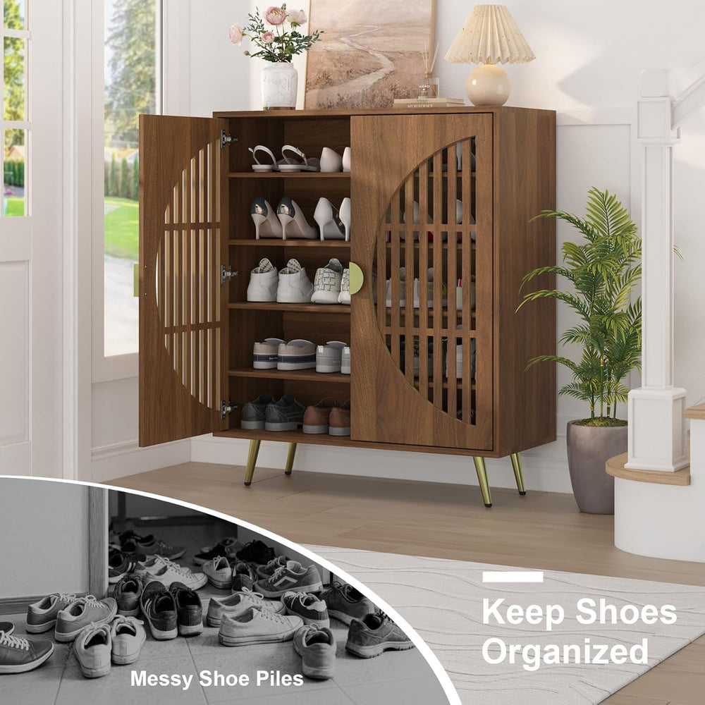 5-Tier Walnut Shoe Storage Cabinet with 2 Slatted Doors, Shoe Cupboard with A...