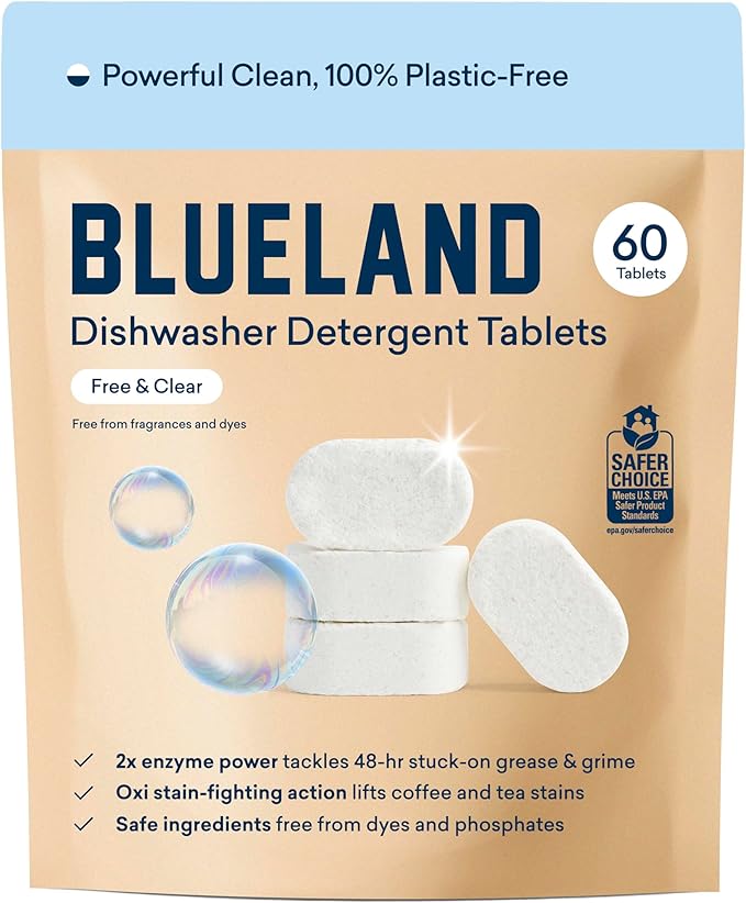 BLUELAND 100% Plastic-Free Dishwasher Detergent Tablets, Free & Clear, by BLUELAND