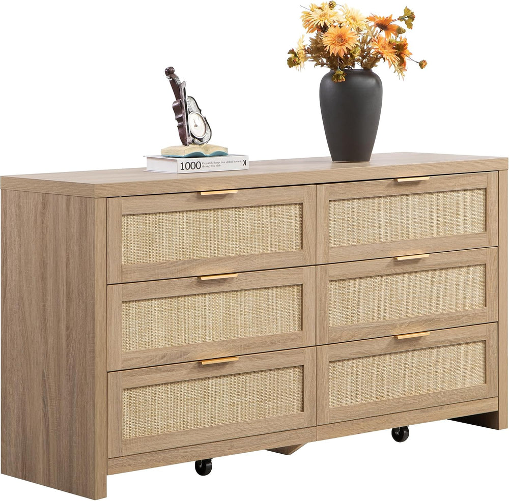 SICOTAS Rattan Dresser for Bedroom, 57" Wide 6 Drawer Dresser