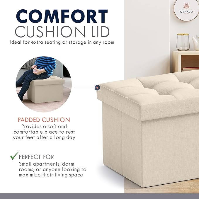 Ornavo Home Small Storage Ottoman Foldable Collapsible Rectangle Linen Ottoman - Image 6