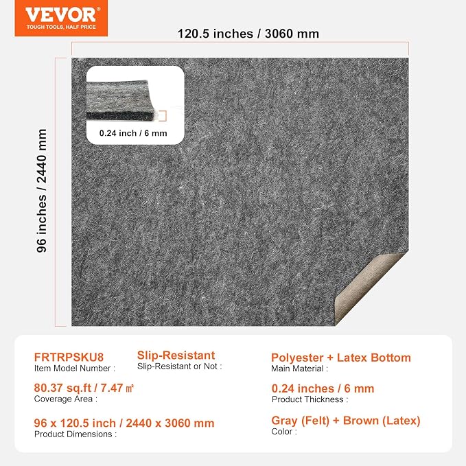 VEVOR - Slip-Resistant Rug Pad - Protective Cushioning Carpet Pad - 8' x 10' - - Image 7
