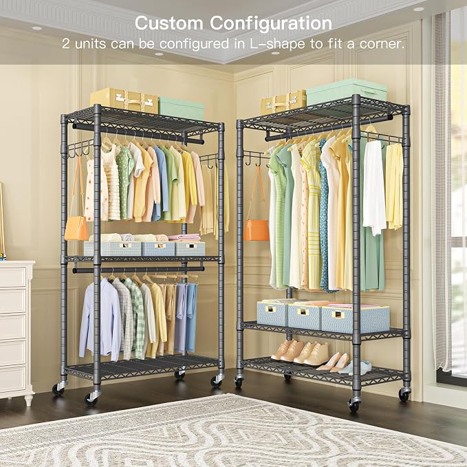 FUTASSI P1 Heavy Duty Garment Rack, 3 Tiers Adjustable Rolling Metal Closet - Image 4