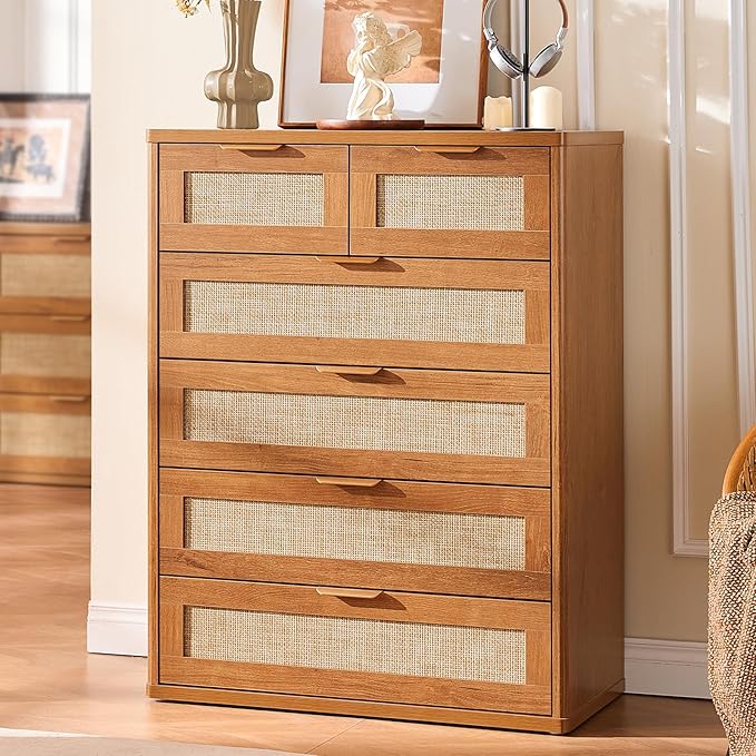 LEYAOYAO Rattan Dresser for Bedroom, Modern 6 Drawers Boho Dressers - Image 8