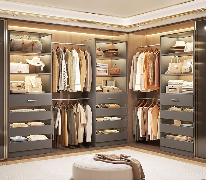 Aheaplus Closet System with 12 Drawers, 8.5-11.5Ft Wood Closet Organizer System by Aheaplus
