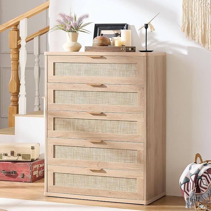 LEYAOYAO Rattan Dresser for Bedroom Set 2, Modern 5 Drawers Boho Dressers - Image 7