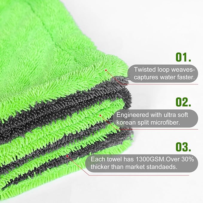2 Pack XL Car Drying Towel – 1300GSM Ultra Absorbent Microfiber, Twisted Loop - Image 5
