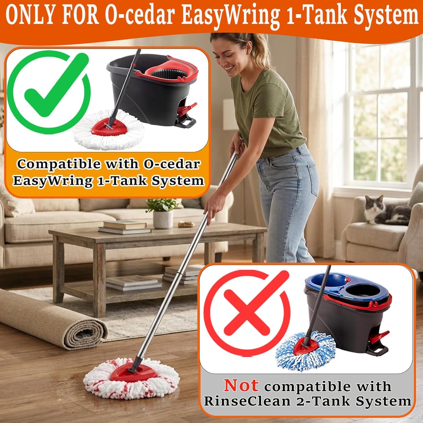Mop Heads Replacement Handle Set for Ocedar Spin Mops EasyWring 1-Tank System, Includes 2 Microfiber Refills, 1 Chenille Head, 4-Section Iron 30-58" Mop Handle, 1 Scrub Brush, 1 Spin Base for O-Cedar