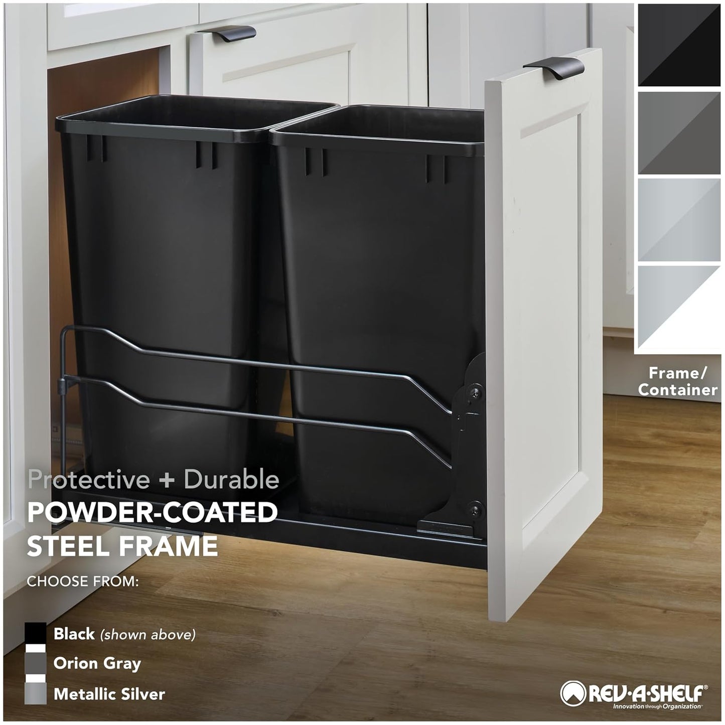 Rev-A-Shelf Double Pullout Trash Can w/Soft-Close Slides, 14.5" Min Opening | Large Capacity Garbage/ Recycling Bins for Full Height Kitchen Cabinets, Heavy Gauge Wire Construction, 53WC-1835SCDM-218