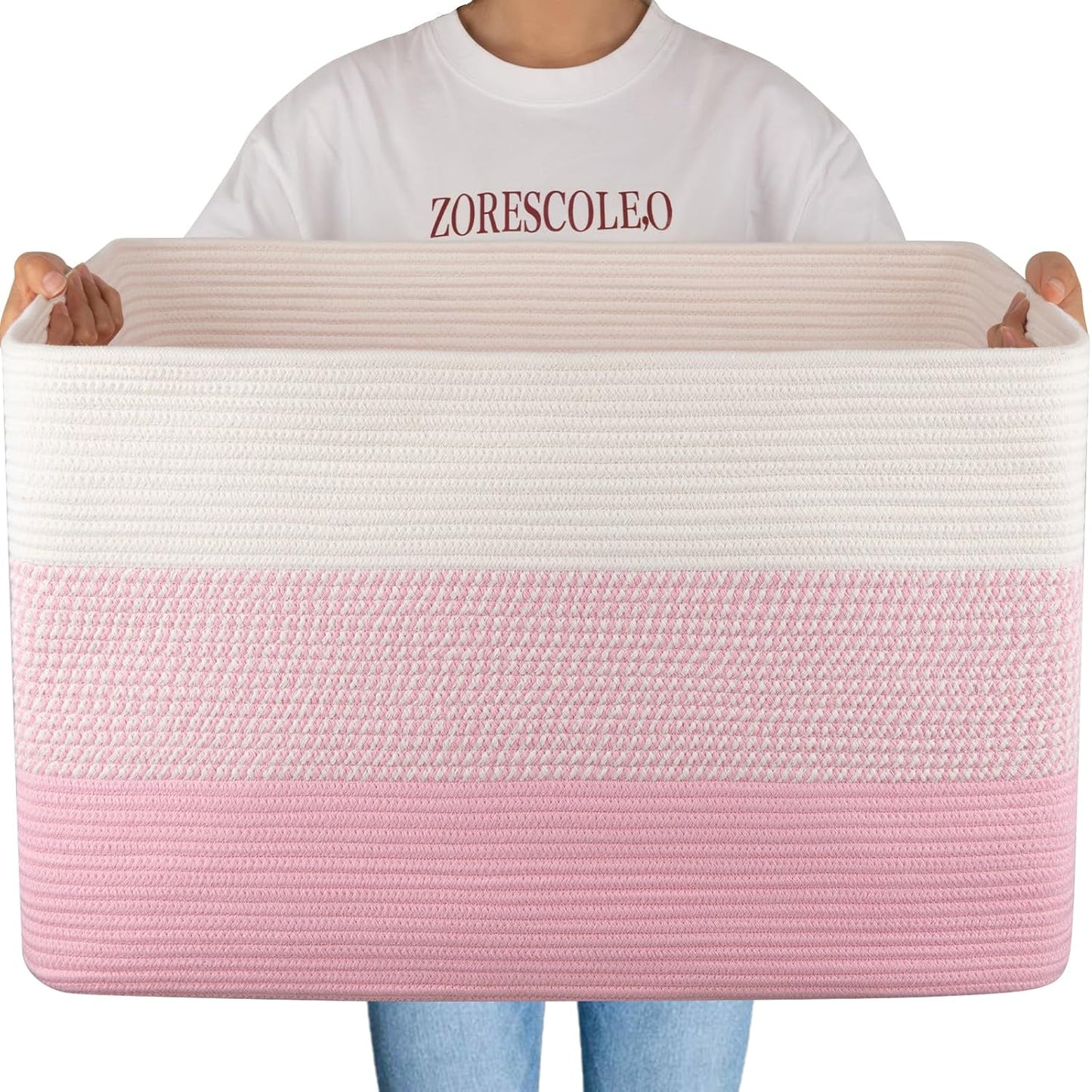 OIAHOMY 108L Extra Large Blanket Basket Dog Toy Basket Pink&White | Rectangle Woven Baskets for Storage Cotton Rope Basket For Living Room Toy Storage Blanket Storage Laundry Basket