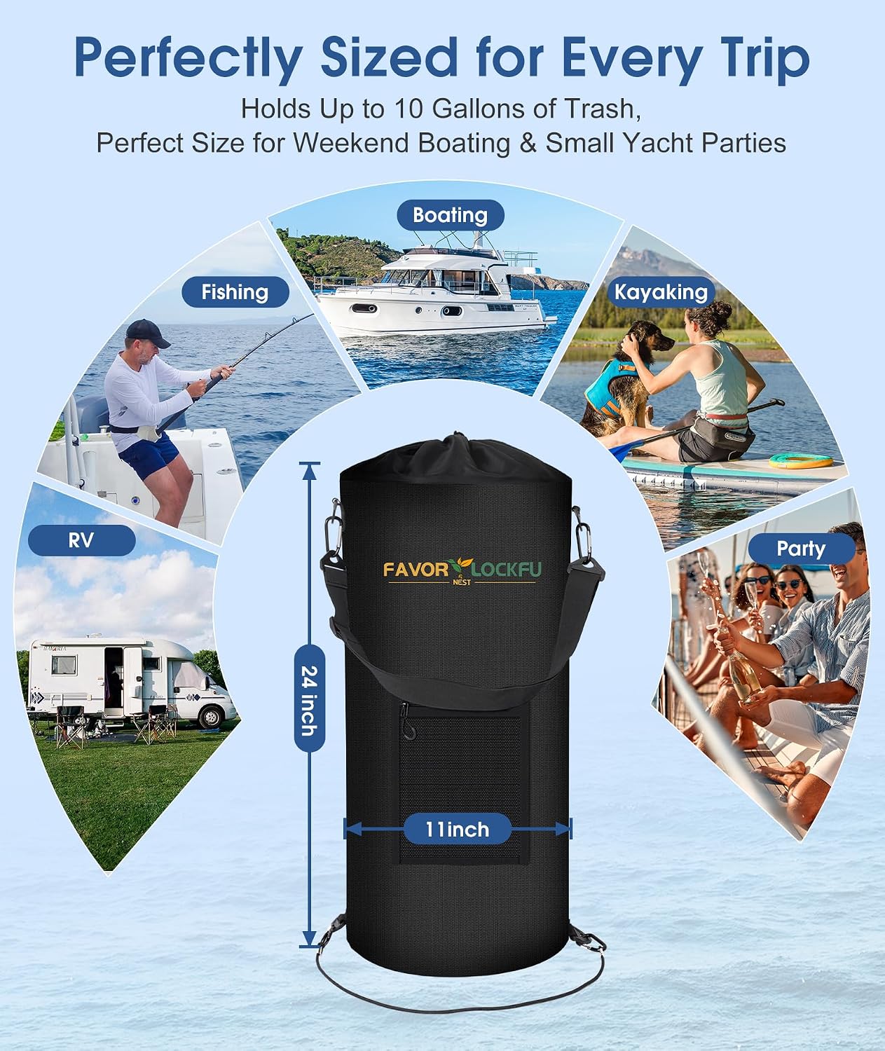 Boat Trash Can, Reusable Waterproof & Wind Resistant Hanging Garbage Container Bag for Boat, Marine, Fishing, RV & Camping Accessories (Black)