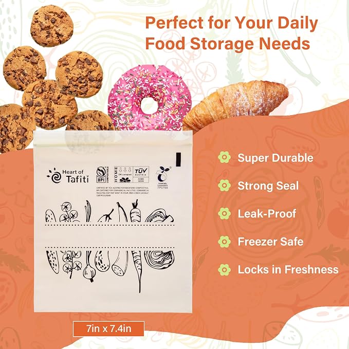 Compostable Food Storage Bags, Resealable Quart Bags, 7 x 7.4 inches, Extra - Image 2
