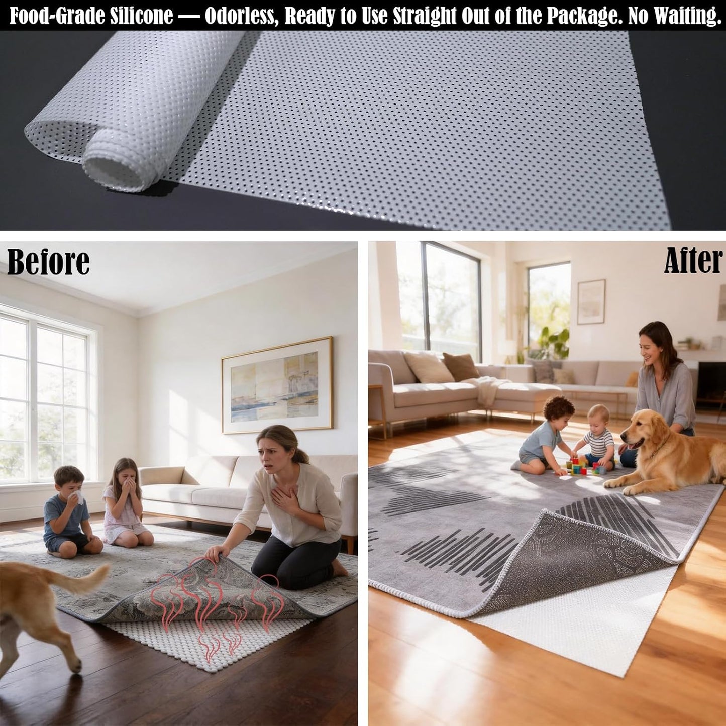 Mayhawk Non-Slip Rug Gripper Pad: Residue-Free Silicone, Hard Floors, 2X3Ft | Vacuum Tech for stronger grip; adhesive-free, BPA-free, low-profile, odorless, washable, reusable, safe for hardwood/tile/LVP