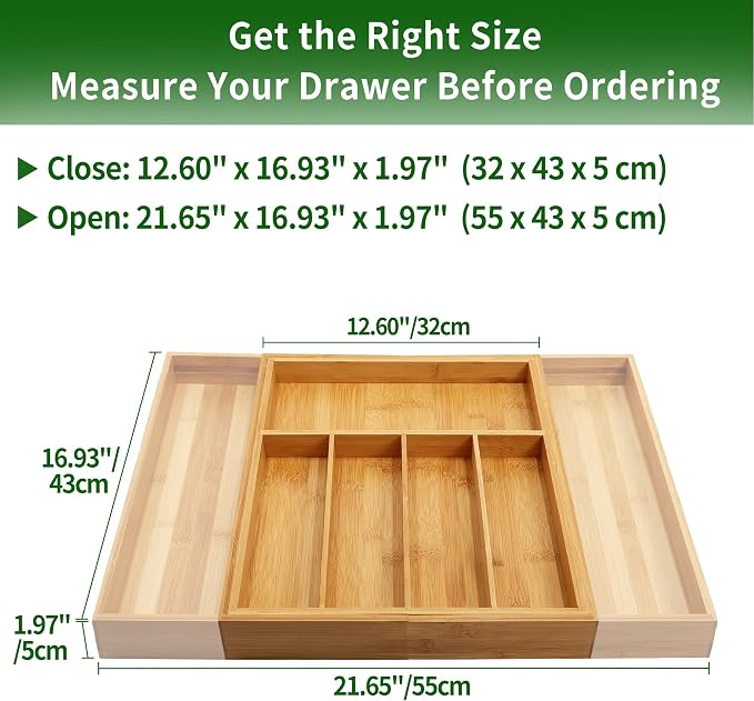 VaeFae Premium Bamboo Drawer Organizer, Expandable Silverware Drawer Organizer - Image 3