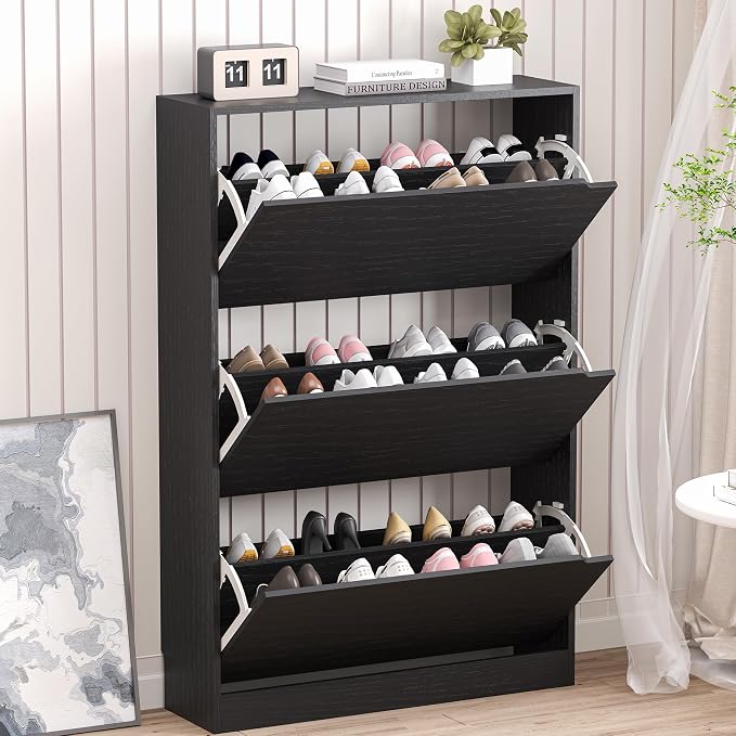 Shoe Storage Cabinet with 3 Flip Drawers, Narrow Shoe Rack Cabinet, by BORNOON