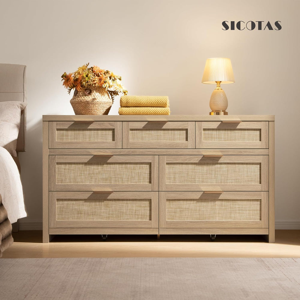 SICOTAS 7 Drawer Rattan Dresser for Bedroom, 57" Wide Dresser