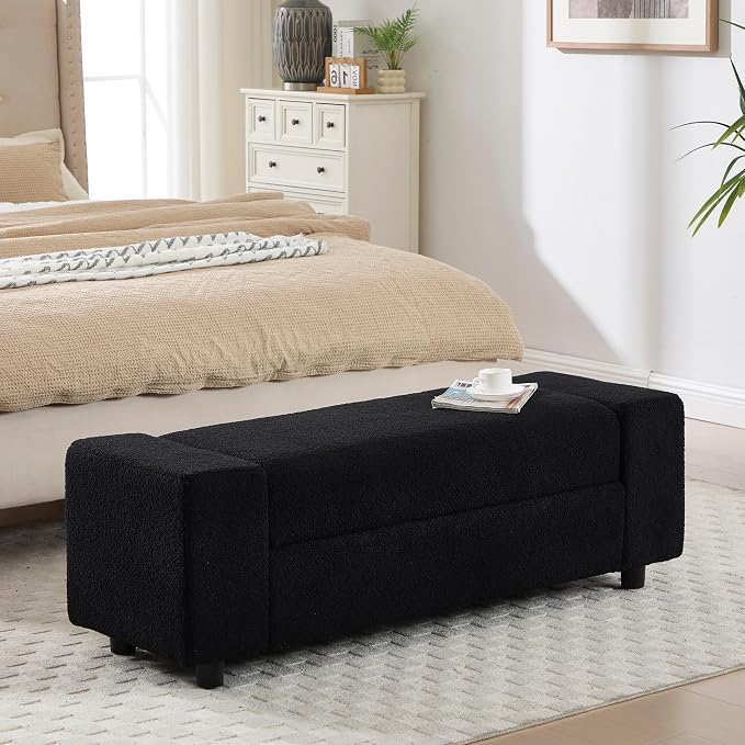 Teddy Storage Ottoman Bench, 55 Inch Upholstered Boucle Comfy Sherpa End of Bed by Janoray