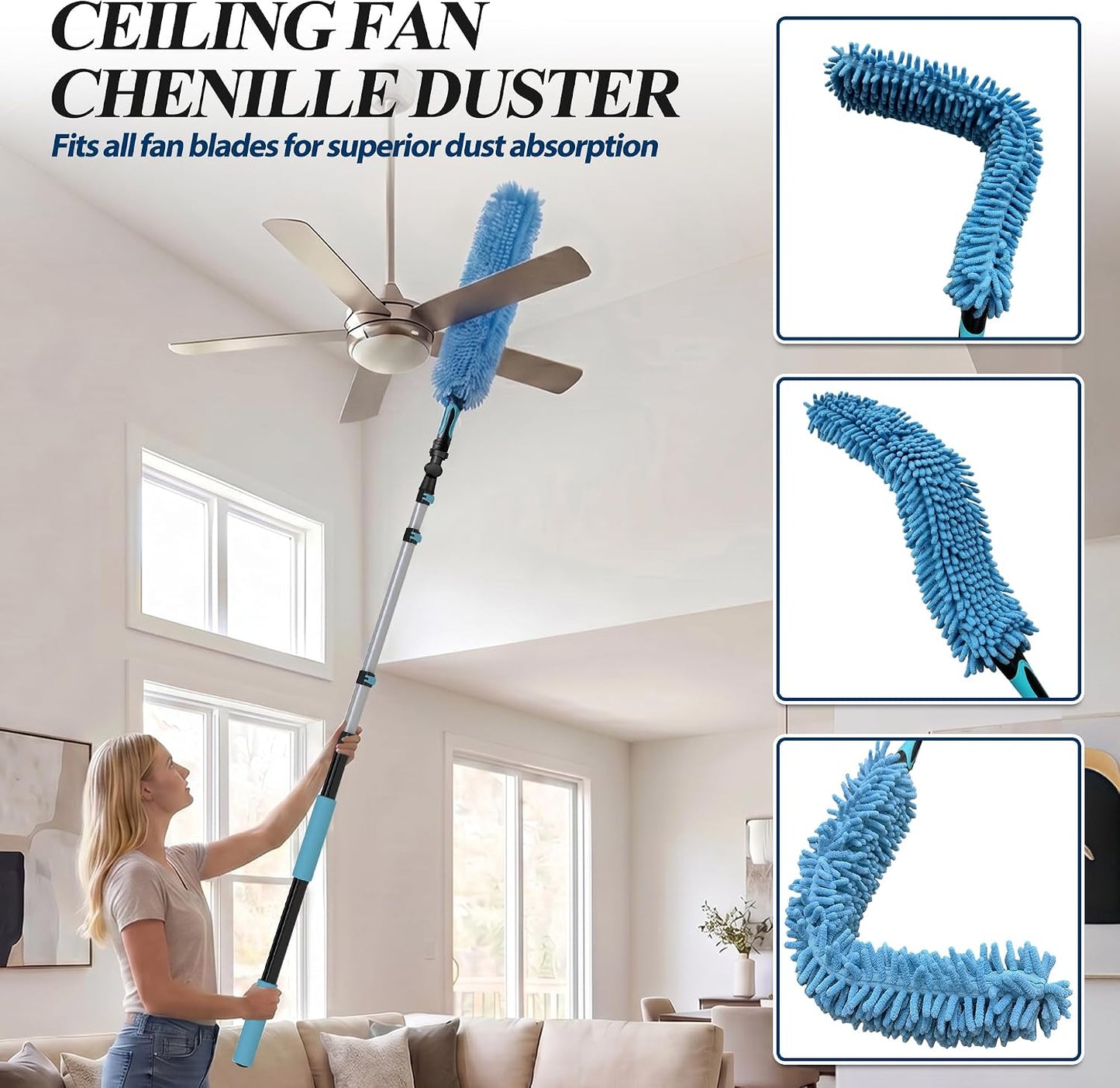 COVERONICS 20FT High Duster Cleaning Tools with 3-12FT Extension Poles - Reusable Fan Duster Cleaning Kits with Ceiling Fan Cleaner Duster, Window Squeegee, Microfiber Feather Duster & Cobweb Duster