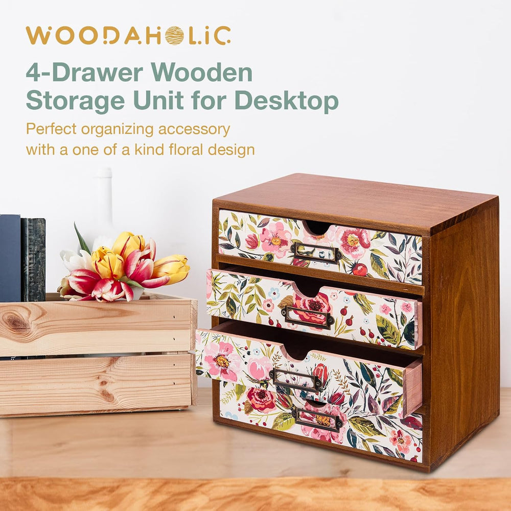4-Drawer Vintage Desk Wood Storage Box With Drawers in Floral Chintz - Wooden...