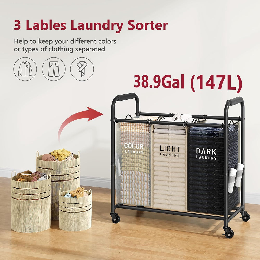 Tajsoon 3 Bag Laundry Sorter Cart, Laundry Hamper 3 Section, 3 Colors