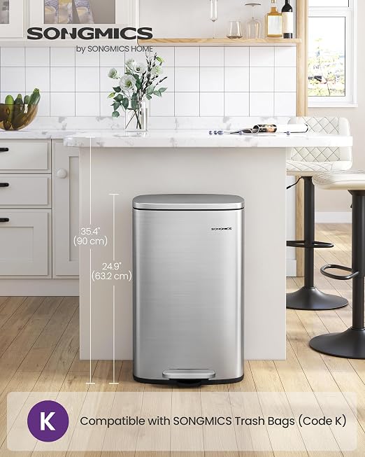 SONGMICS 13 Gallon Trash Can, Stainless Steel Kitchen Garbage Can, Recycling or - Image 2