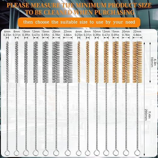 14-Pieces Brass Wire Brush Stainless Steel Tube Brush Set 12" Round Wire - Image 2