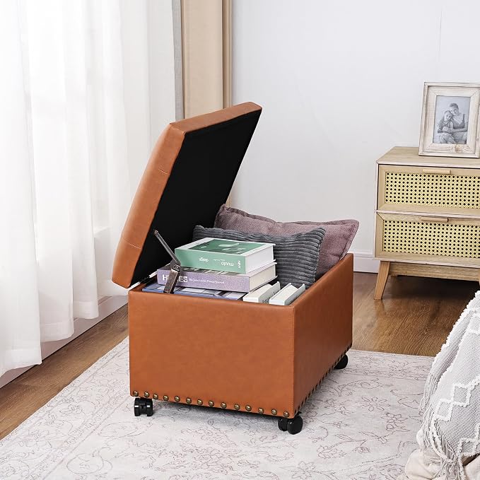 24" Square Ottomans with Storage, Leather Ottoman with Storage with Lockable - Image 5