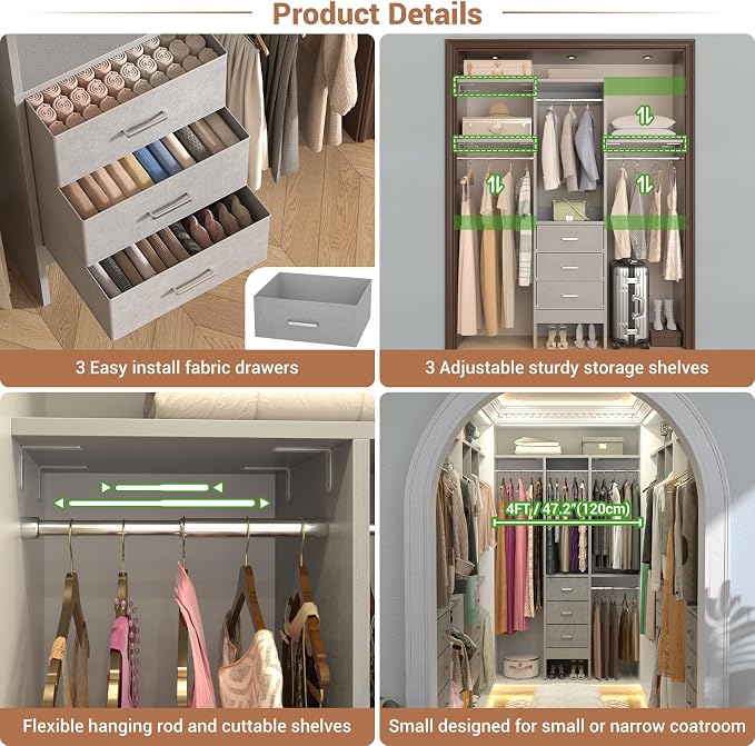4FT Small Closet System with 3 Fabric Drawers, Flexible Built-In Clothes - Image 4