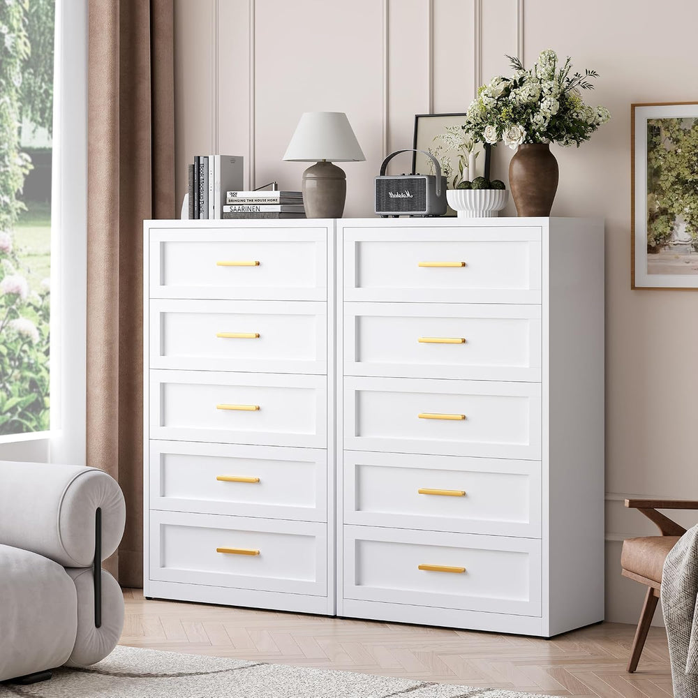 LCAOPC White Metal Dresser with 5 Spacious Drawers, Modern Chest of Drawers w...