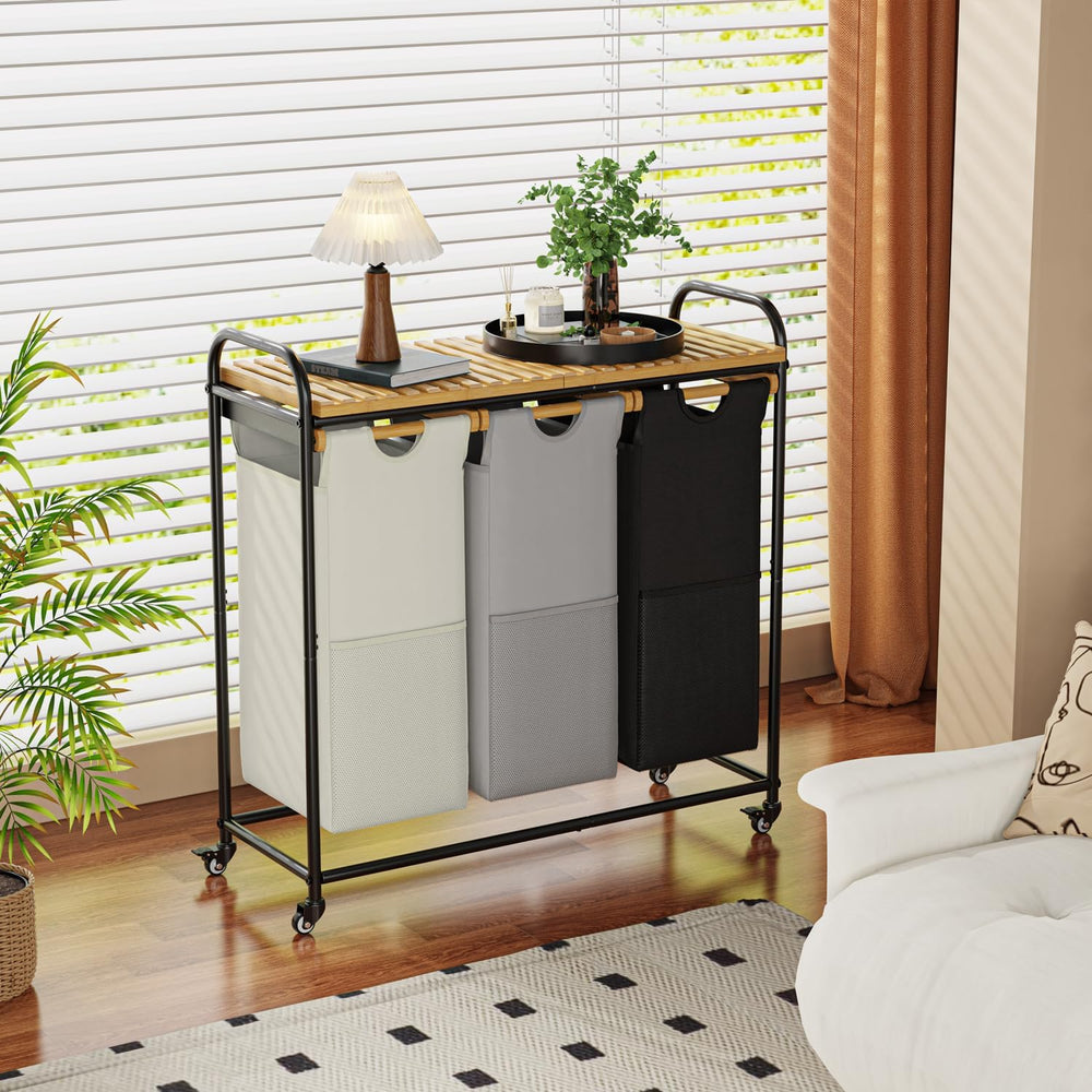 Laundry Hampers 3 Section, Laundry Sorter with Removable Shelf and Pull-Out B...