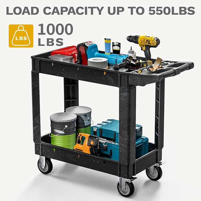 DWVO Utility Cart, 1000 lbs Capacity, 2 Shelf Heavy Duty Plastic Service - Image 3