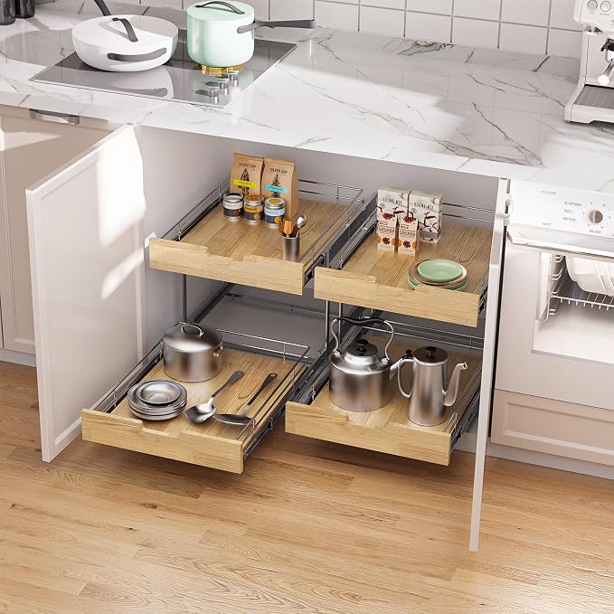 Pull Out Cabinet Organizer, Heavy-Duty Slide Out Shelf, Wood and Wire Basket - Image 5