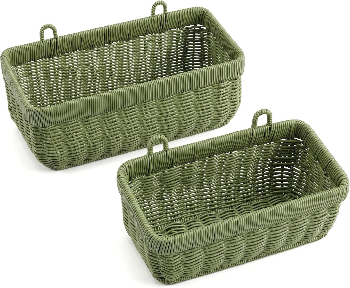 Wall Baskets Set of 2, Hanging Wicker Baskets for Kitchen Bathroom Garage Porch Door Decor and Organizing (Green, M+L)