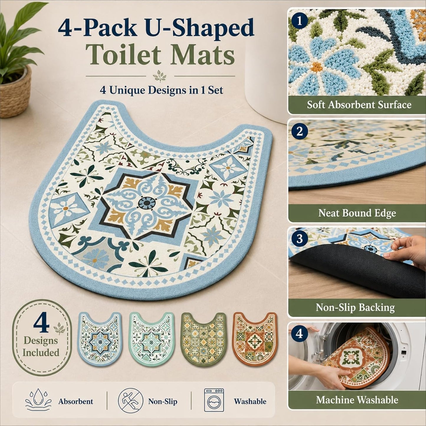 Washable Commode Potty Training Mats, Super Absorbent Reusable Toilet Training Rug for Kids, Leak-Proof & Non-Slip Adult Incontinence Toilet Mat, Bathroom Floor Protector Pads 4 Pack