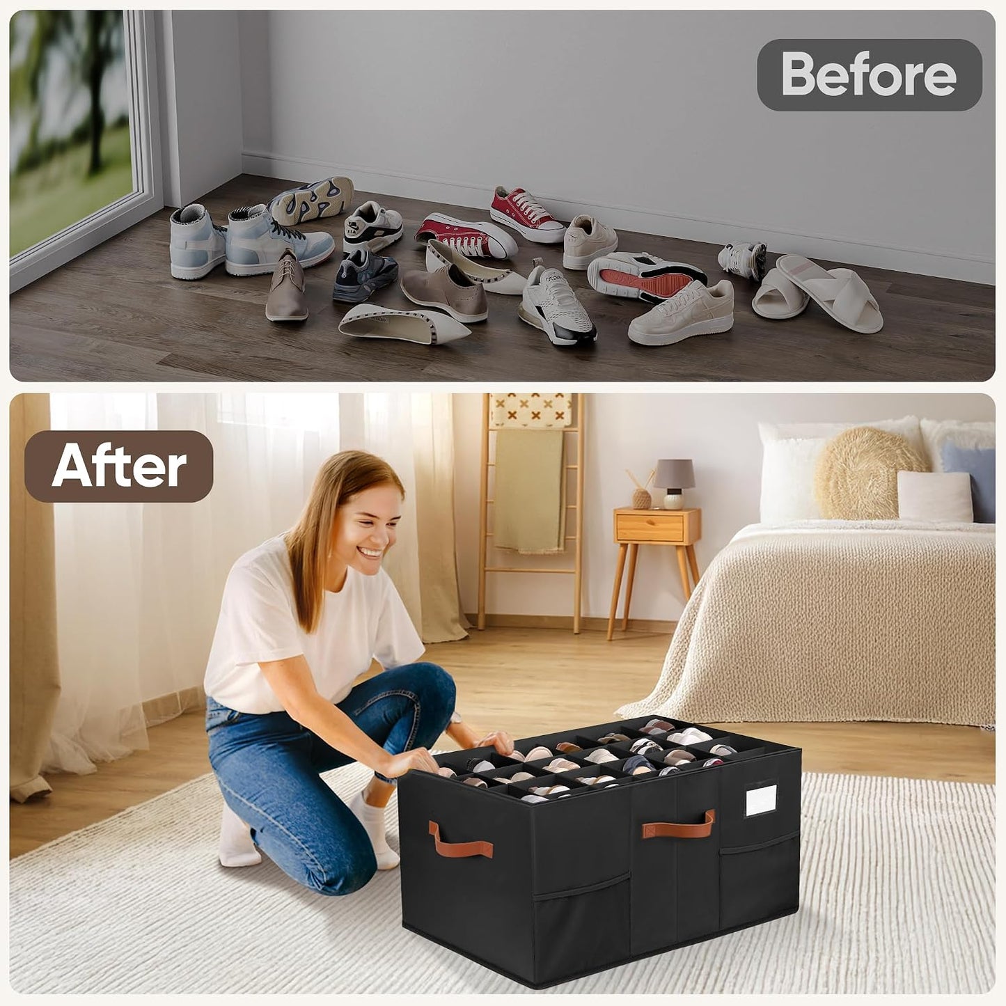 Shoe Organizer for Closet, Adjustable Storage Box Holds 24 Pairs | Black,Foldable,Adjustable Dividers,Clear Lid,Reinforced 4 Handles,Fits Sneakers, Boots & Heels, For Closet,Entryway,Bedroom