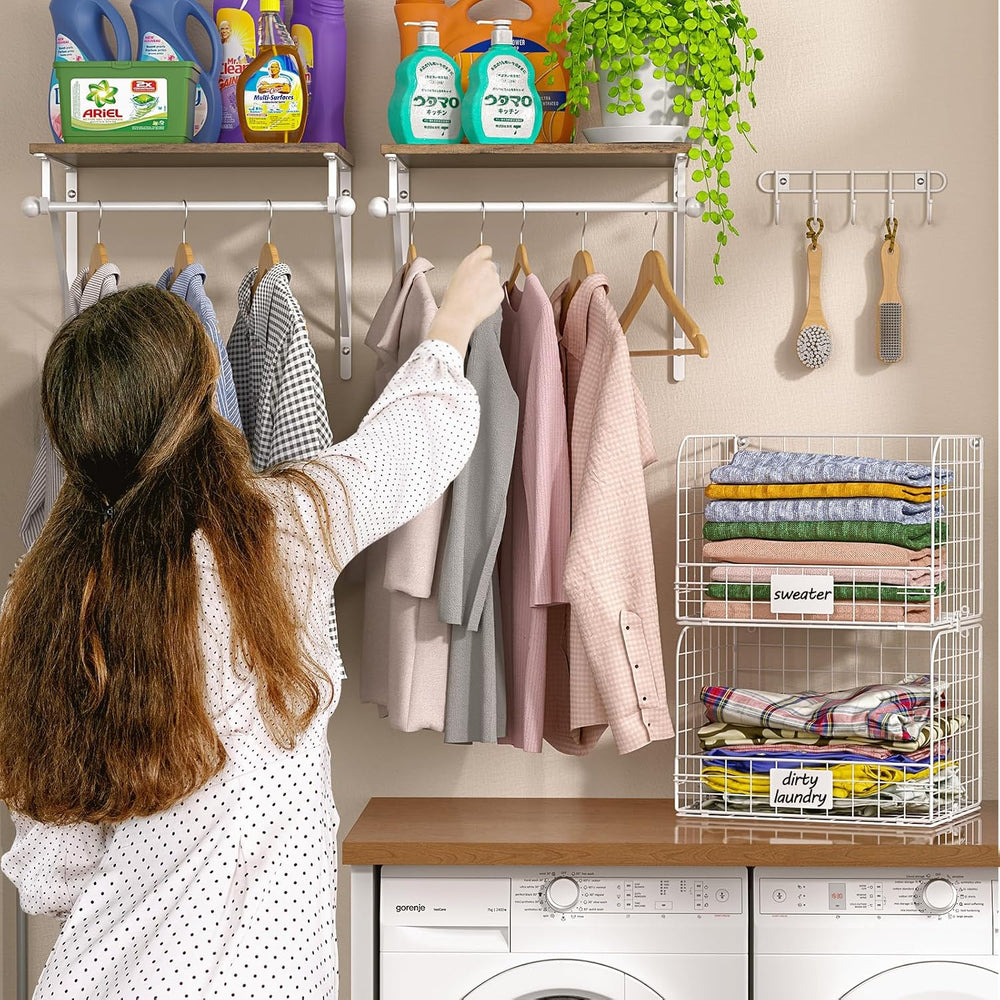DAOUTIME 2 Set Laundry Room Wall Mounted Shelves With Wire Storage Baskets, O...