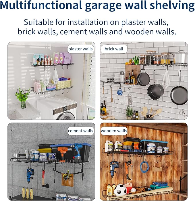 4 Pack Garage Wall Shelf, Wall Mounted Storage Shelves, Heavy Duty Metal Shelves