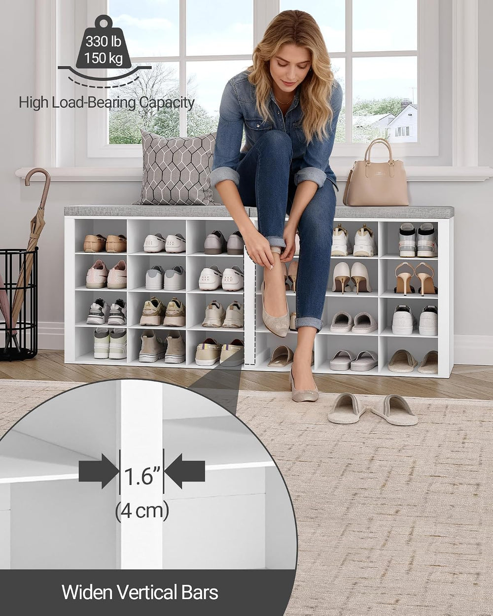 Hzuaneri Shoe Storage Bench with Cushion, Storage Bench with 24 Cubbies