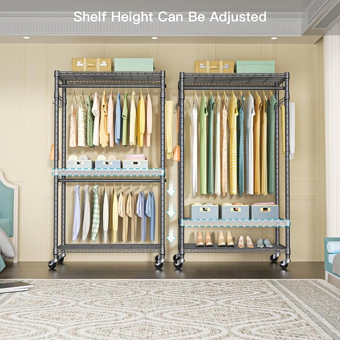 FUTASSI P1 Heavy Duty Garment Rack, 3 Tiers Adjustable Rolling Metal Closet - Image 3