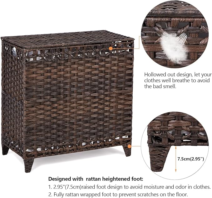 Laundry Hamper with 3 Removable Liner Bags; 132L Handwoven Rattan Laundry - Image 5